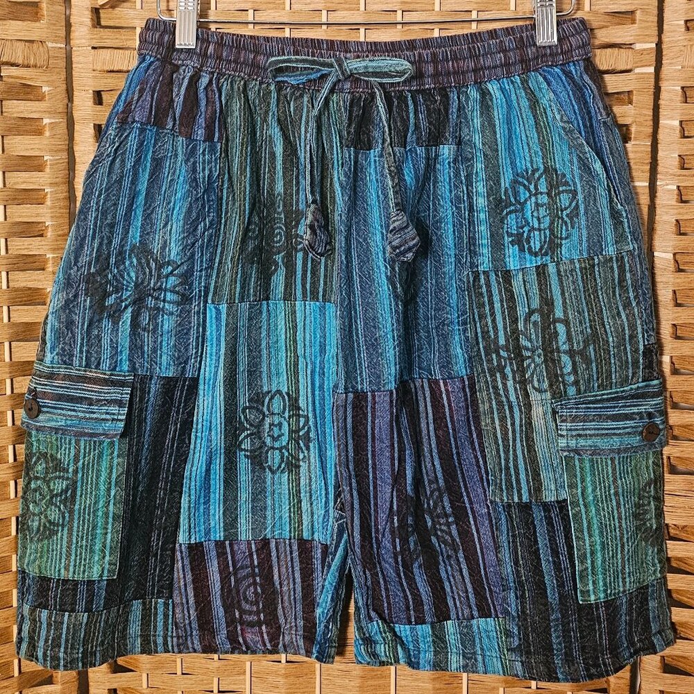 Wevez Blue Patchwork Cotton Boho Shorts OS